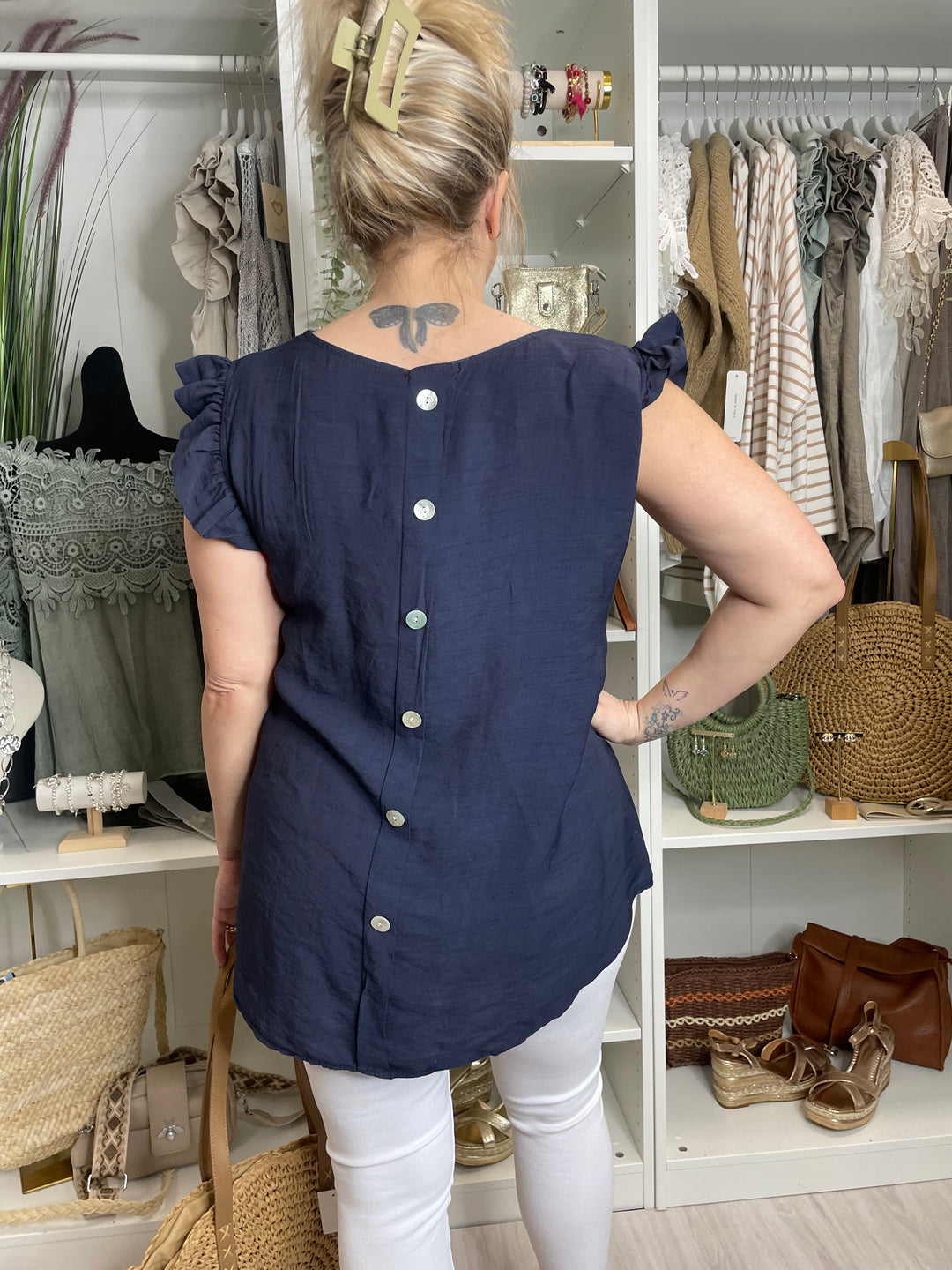 Button Back Top - Navy