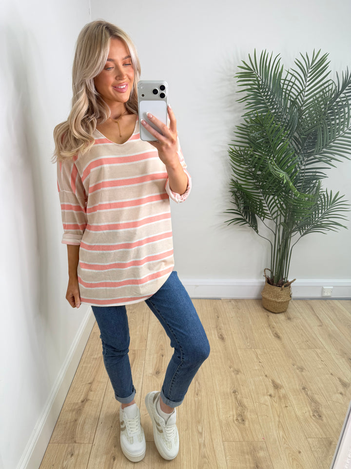 Summer Stripes Top - Coral & Beige