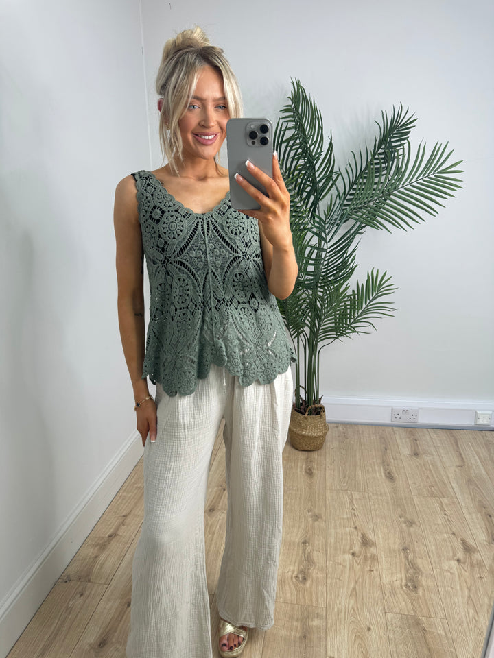 Betsy Crochet cami - Khaki