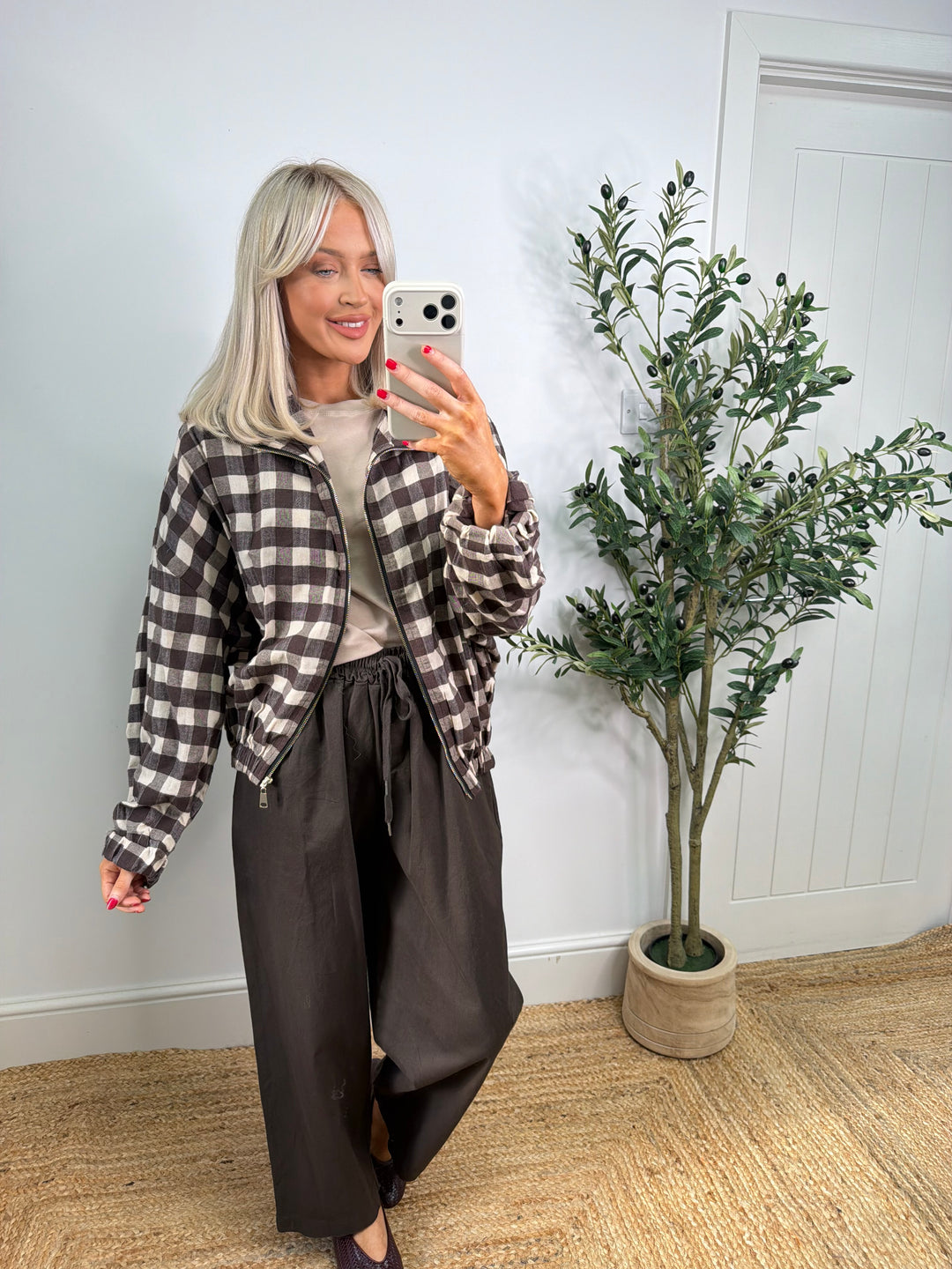 Ruby Cotton Checkered Bomber - Chocolate