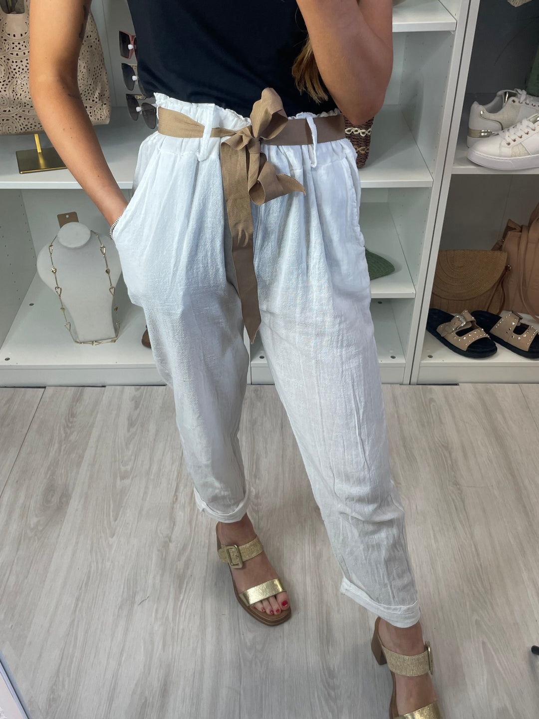 Belted Linen Trousers - White
