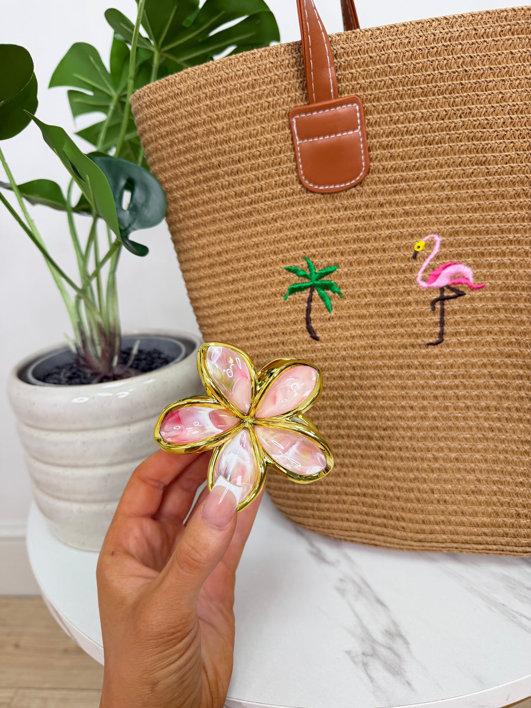 Flower Clip - Pink, Green & Gold