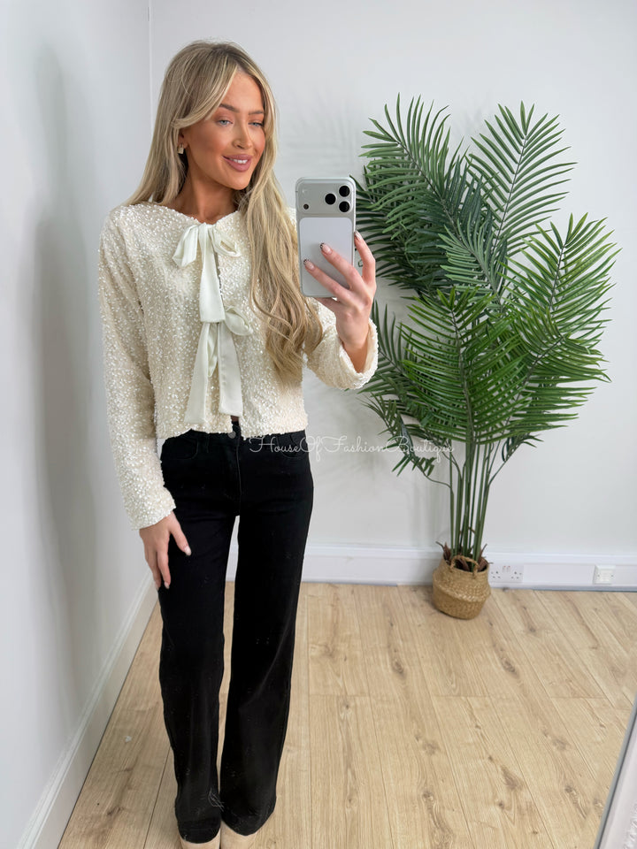 Sequin Bow Top - Cream