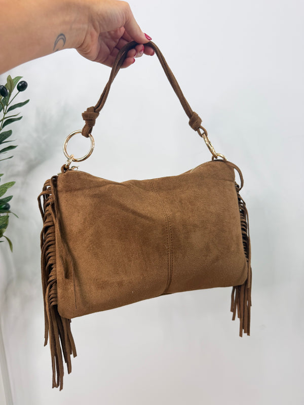 Faux Suede Tassel Bag - Tan