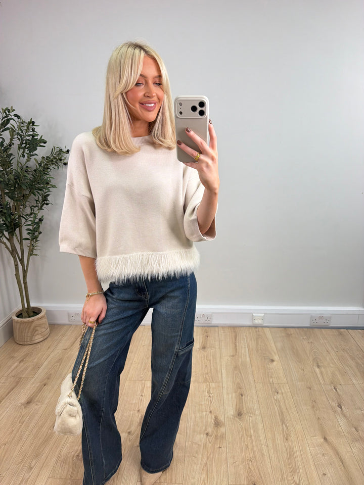 Mia Fur Trim Knit - Cream