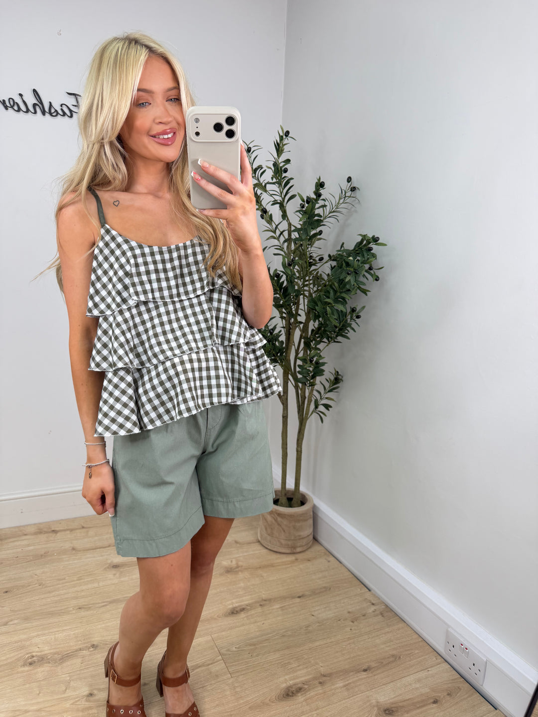 Maria Gingham Ruffle Cami - Khaki