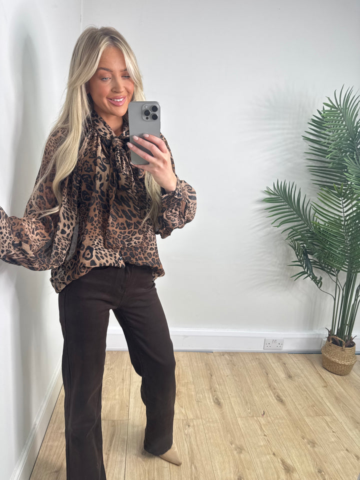 Evie Pussy Bow Blouse - Leopard