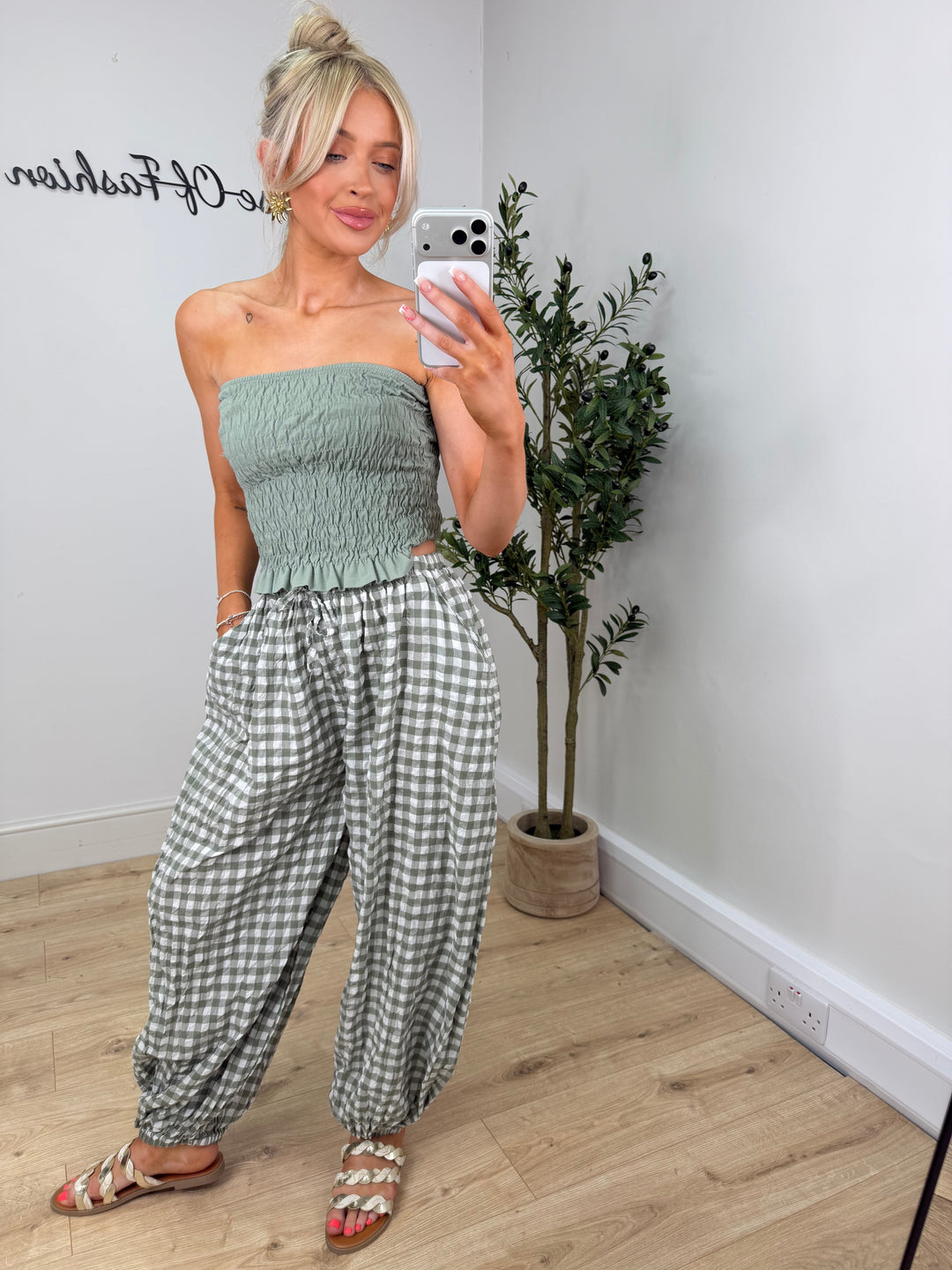 Josie Gingham Pants - Khaki