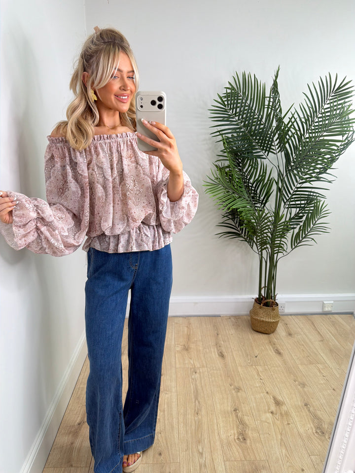 Paisley Bardot Top - Pinky Mauve