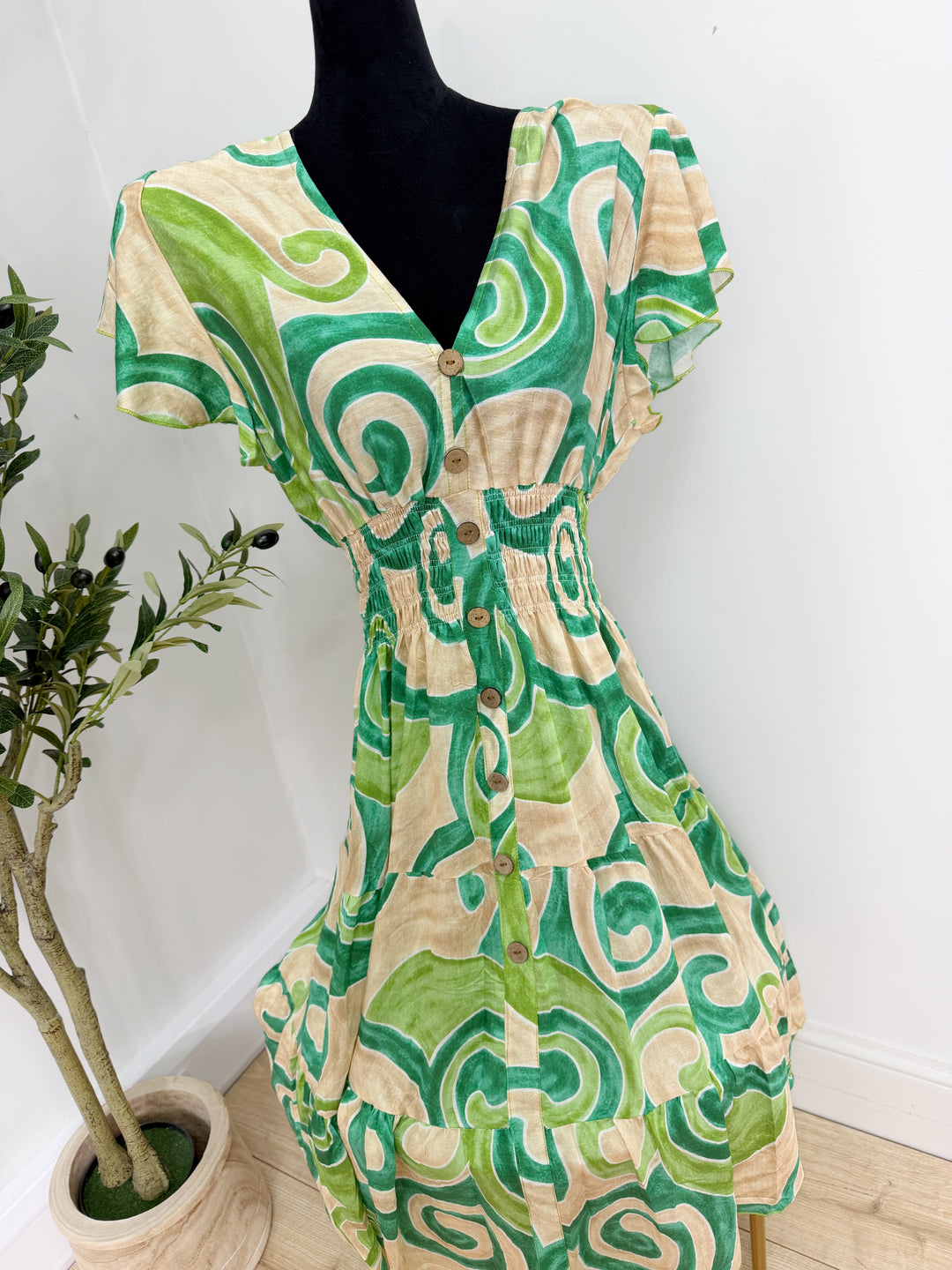 Printed V Neck Dress - Midi