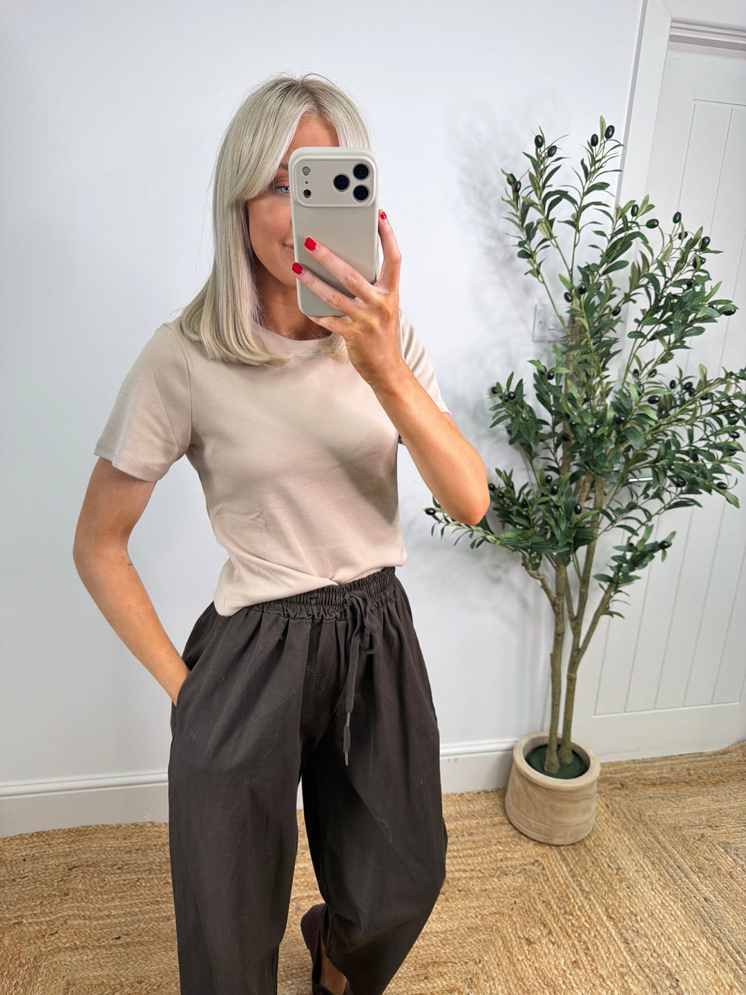 Short Sleeved Basic Top - Beige