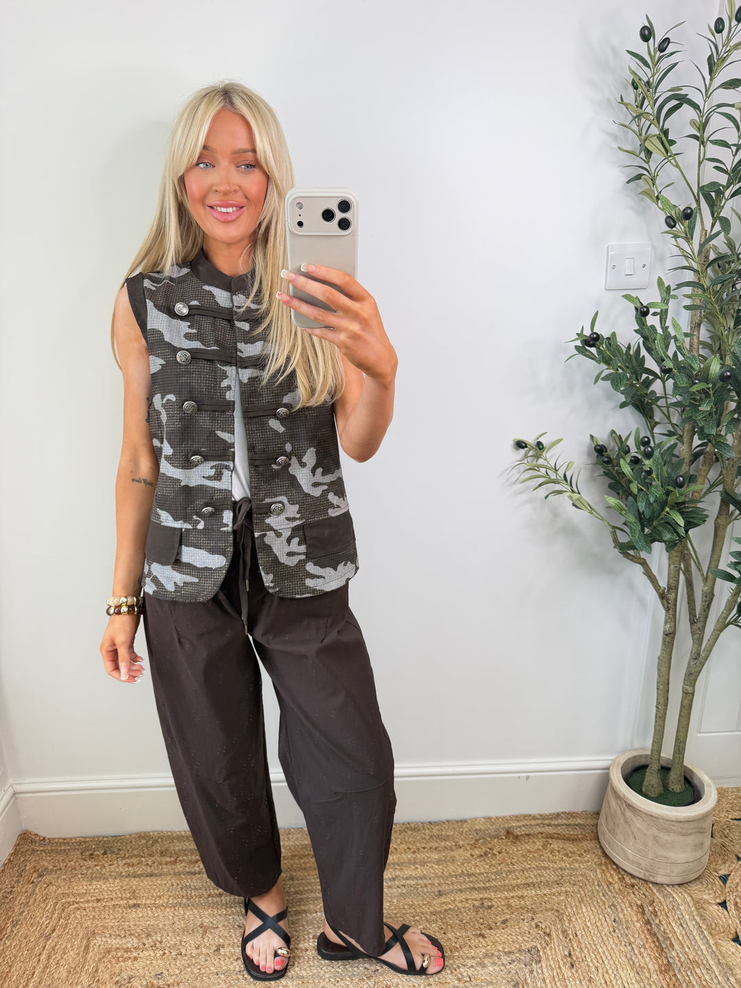 Caroline Camo Denim Waistcoat - Chocolate
