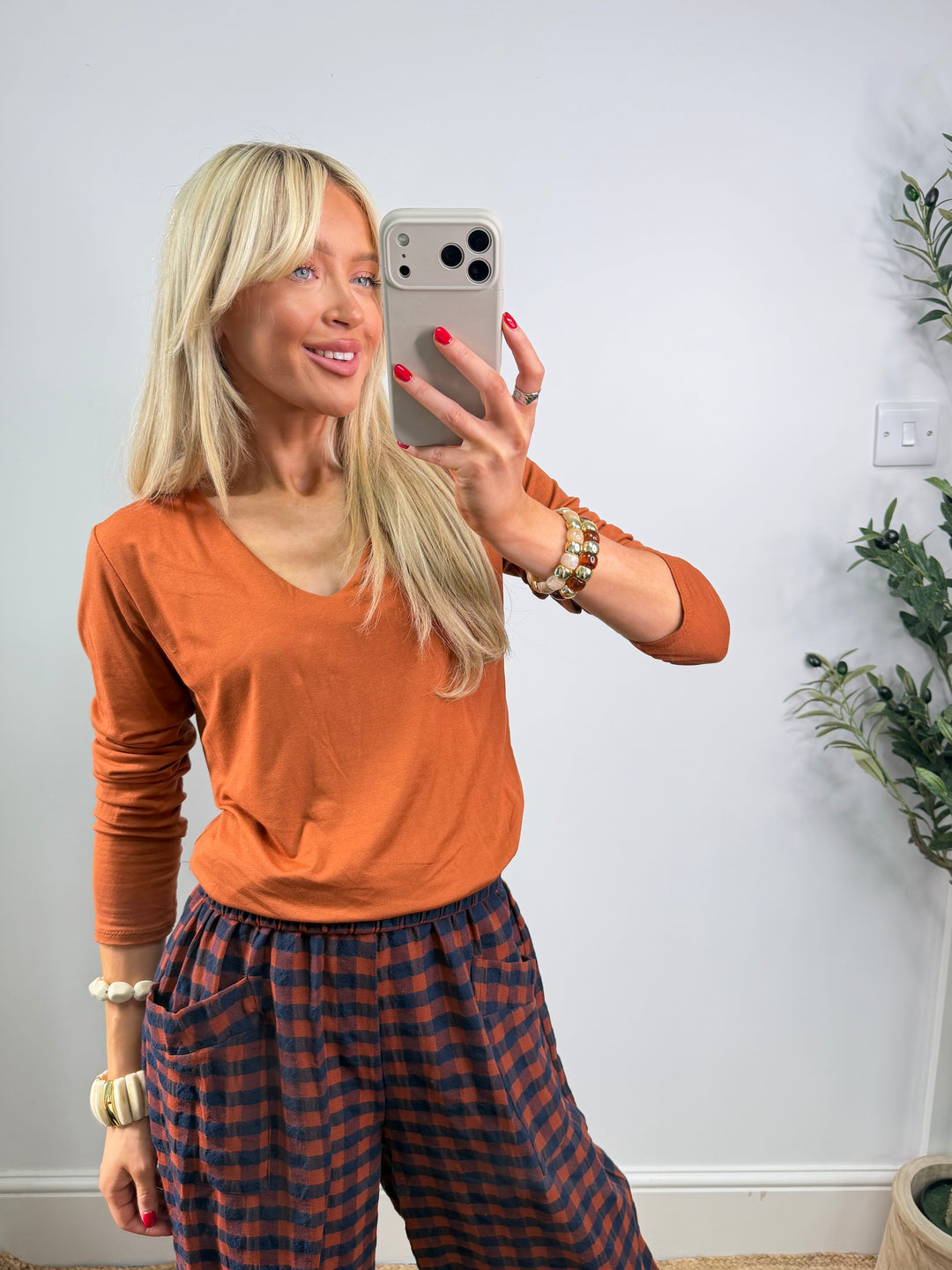 V Neck Double Layer Top  - Rust