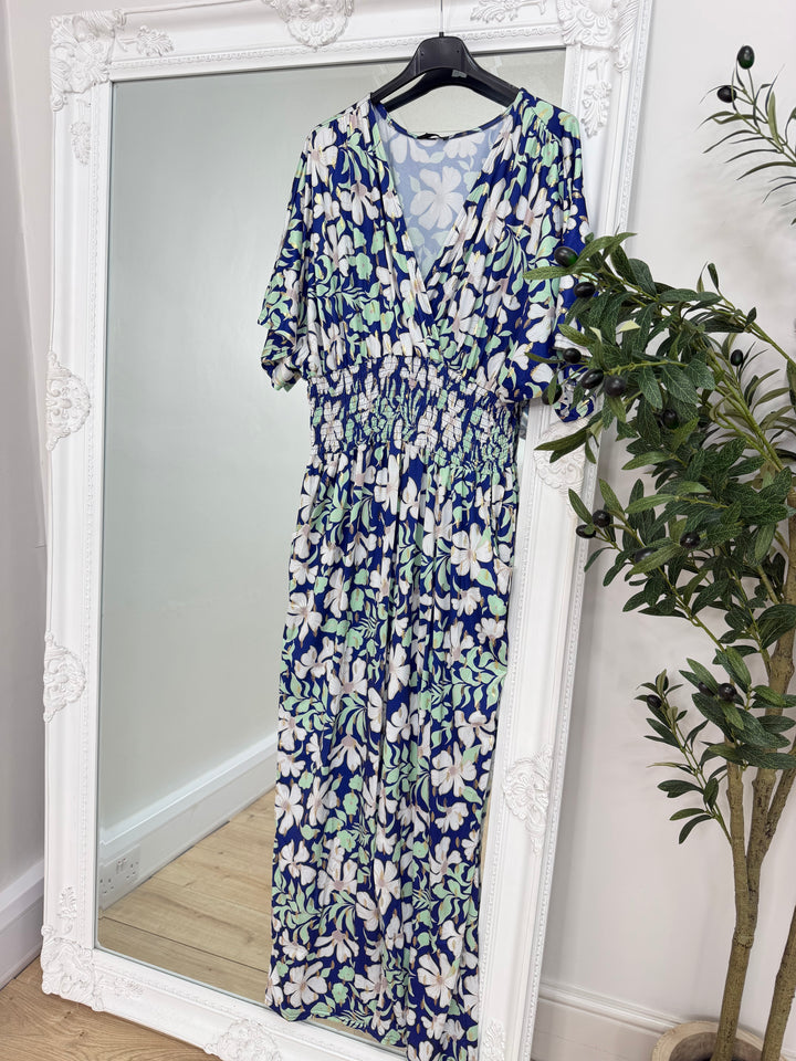 Floral Slinky Jumpsuit - Mint & Navy