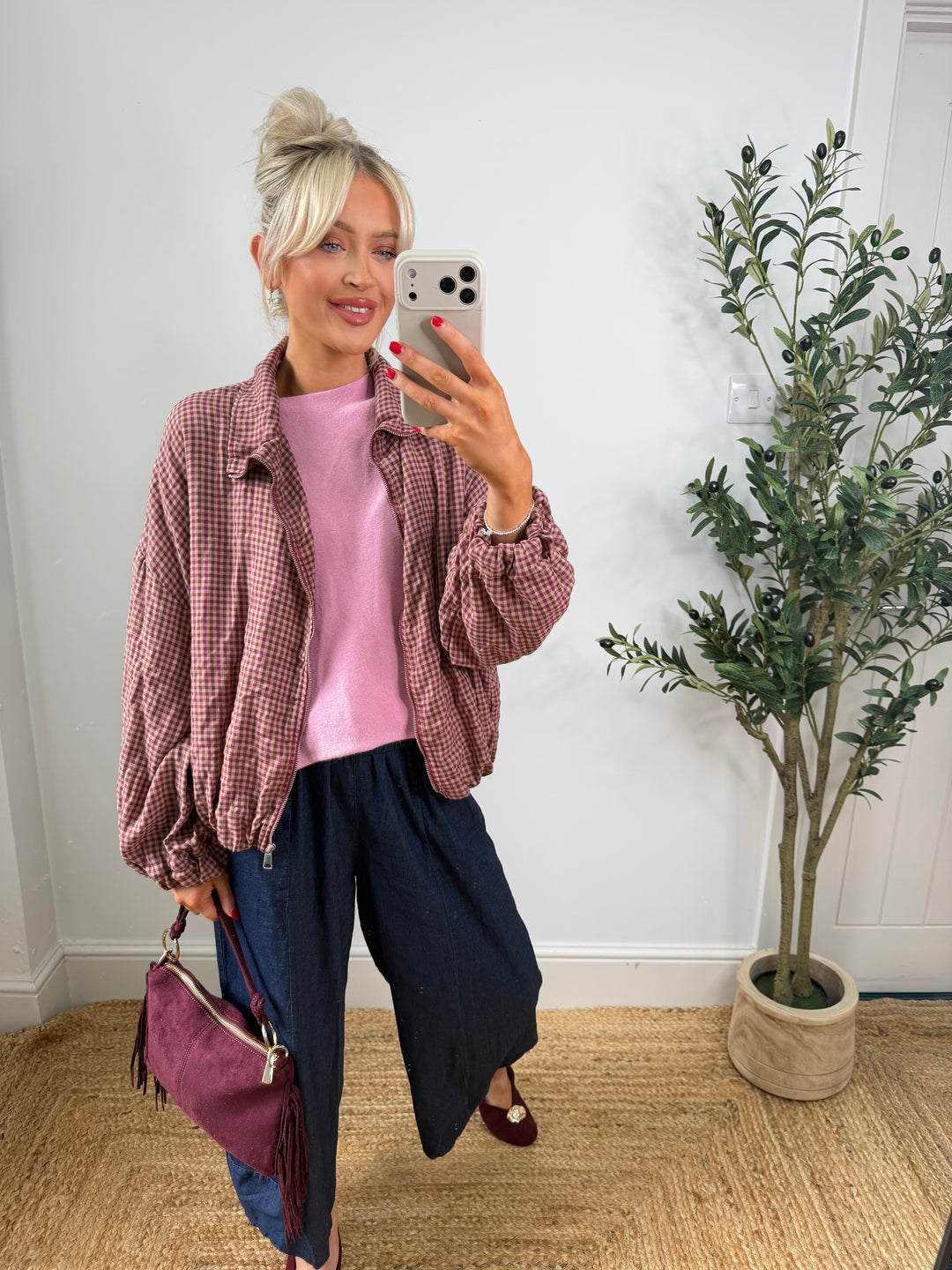 Nicole Check Bomber - Pink & Burgundy