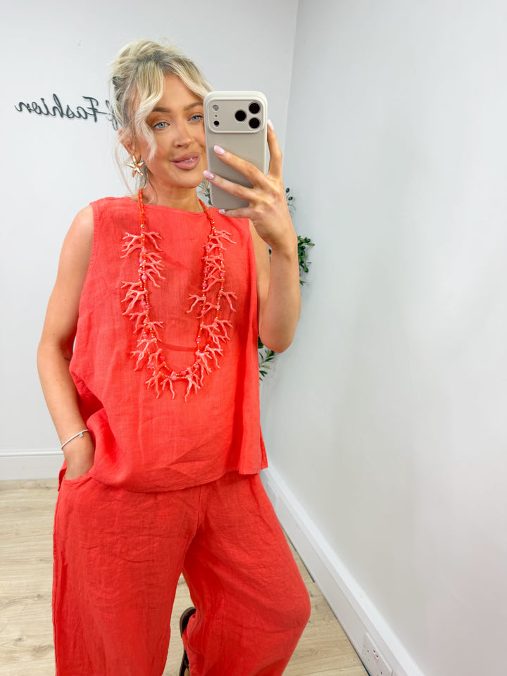 Bambi Linen Button Top - Bright Coral