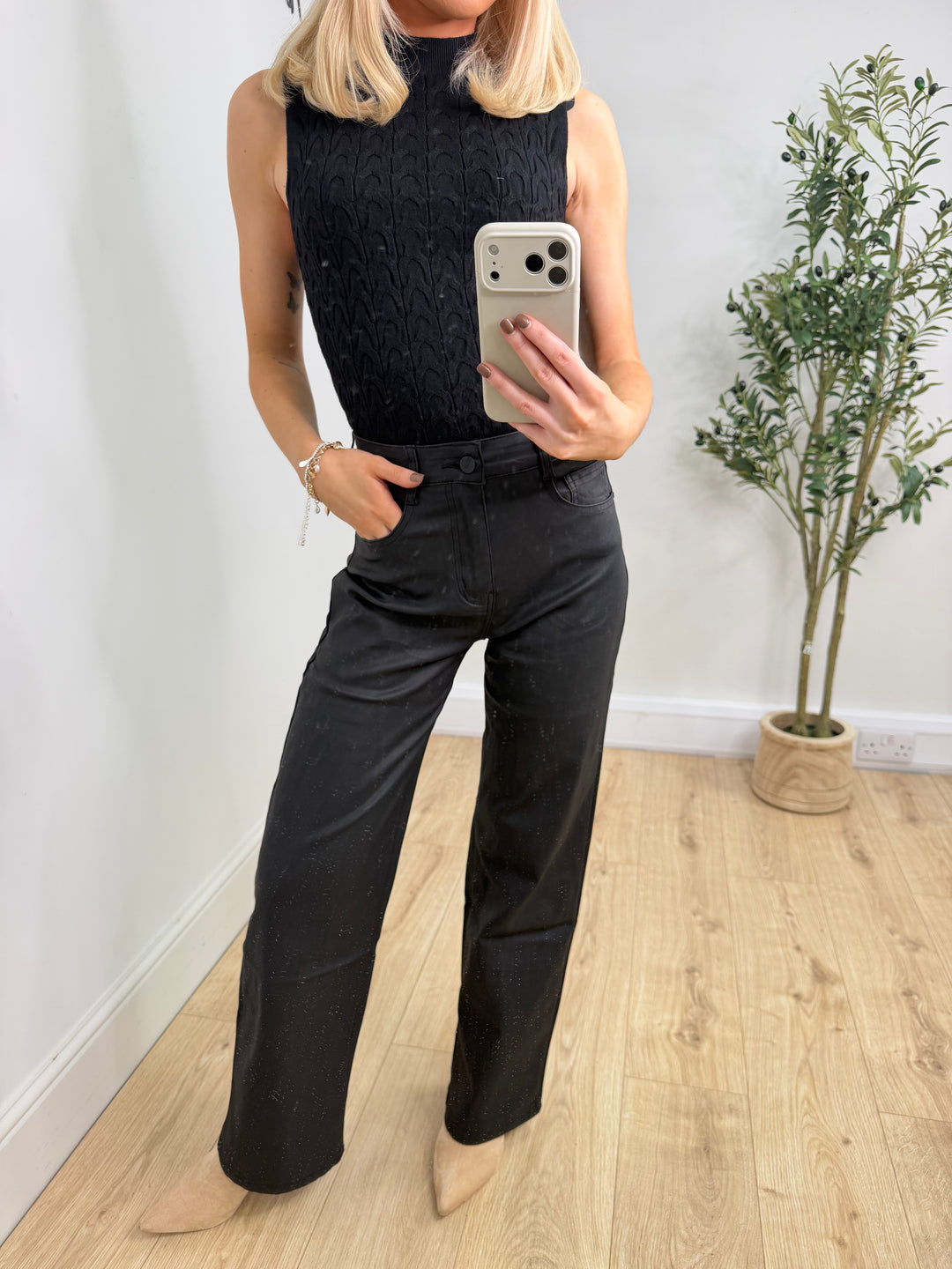 Wax Coated PU Jeans - Black