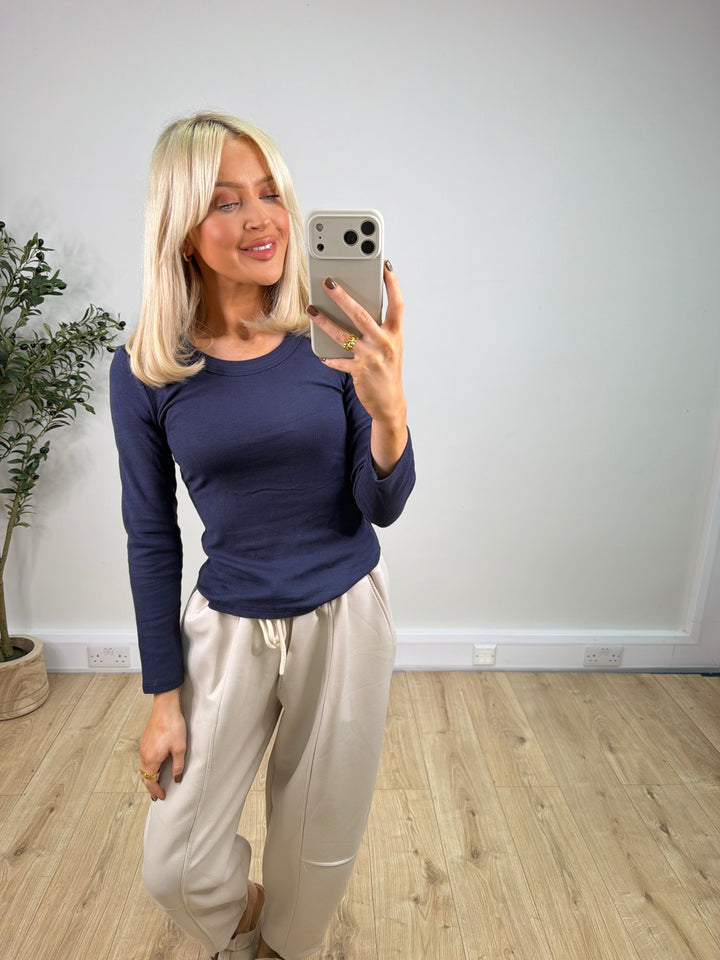 Ribbed Round Neck Basic Top - Navy