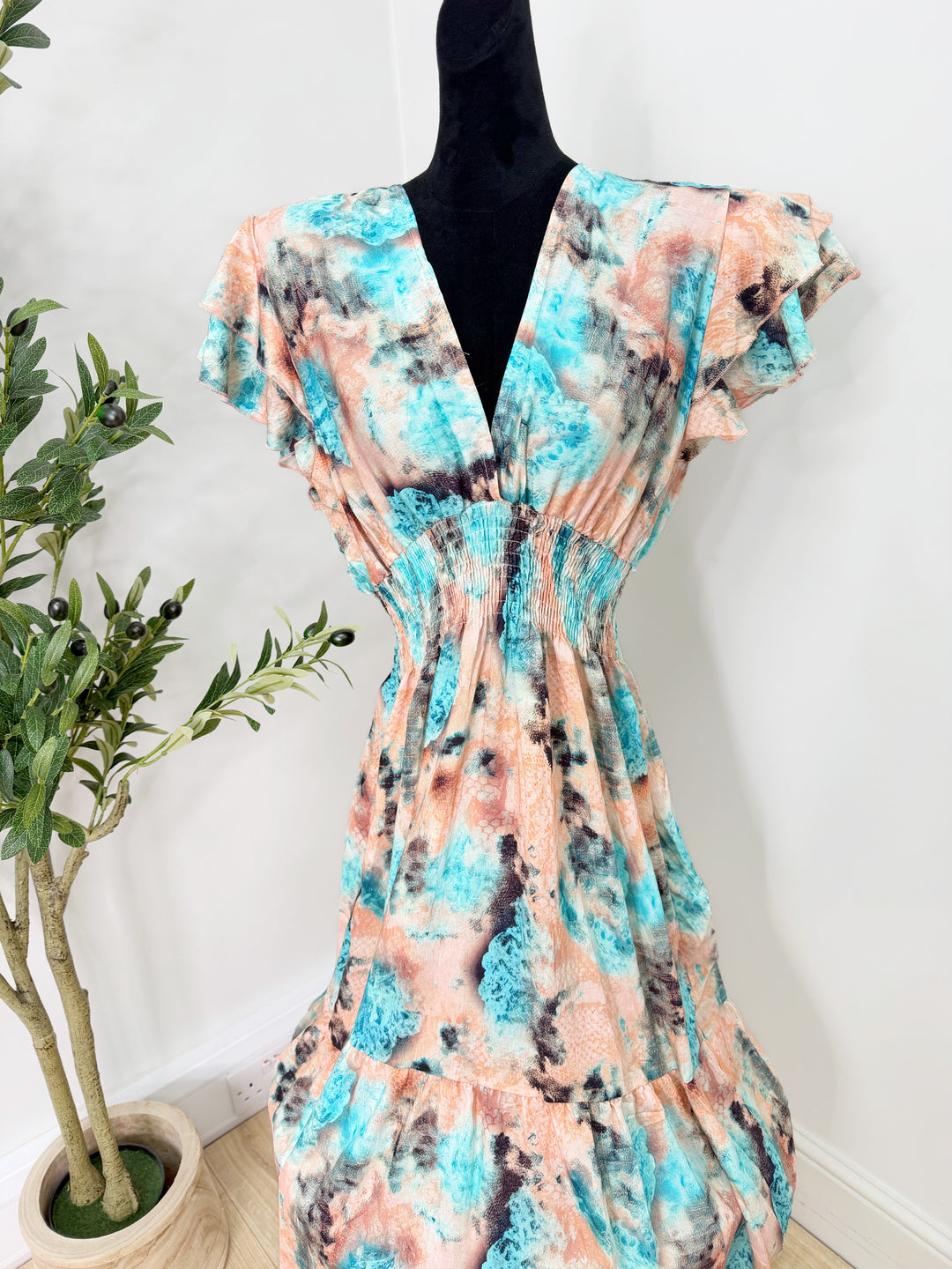 Printed V Neck Dress - Midi