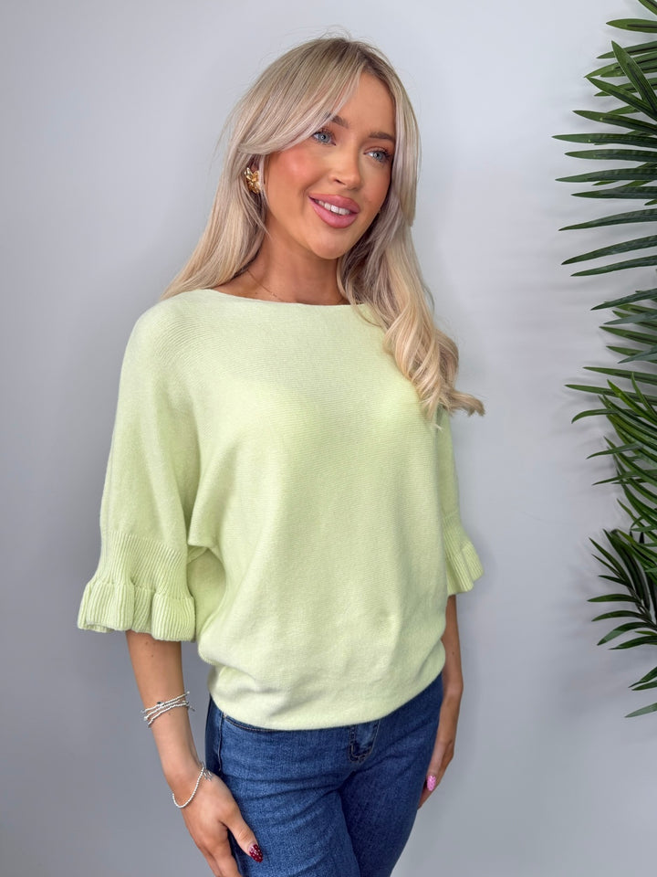 Lottie Frill Sleeve Knit - Pale Lime