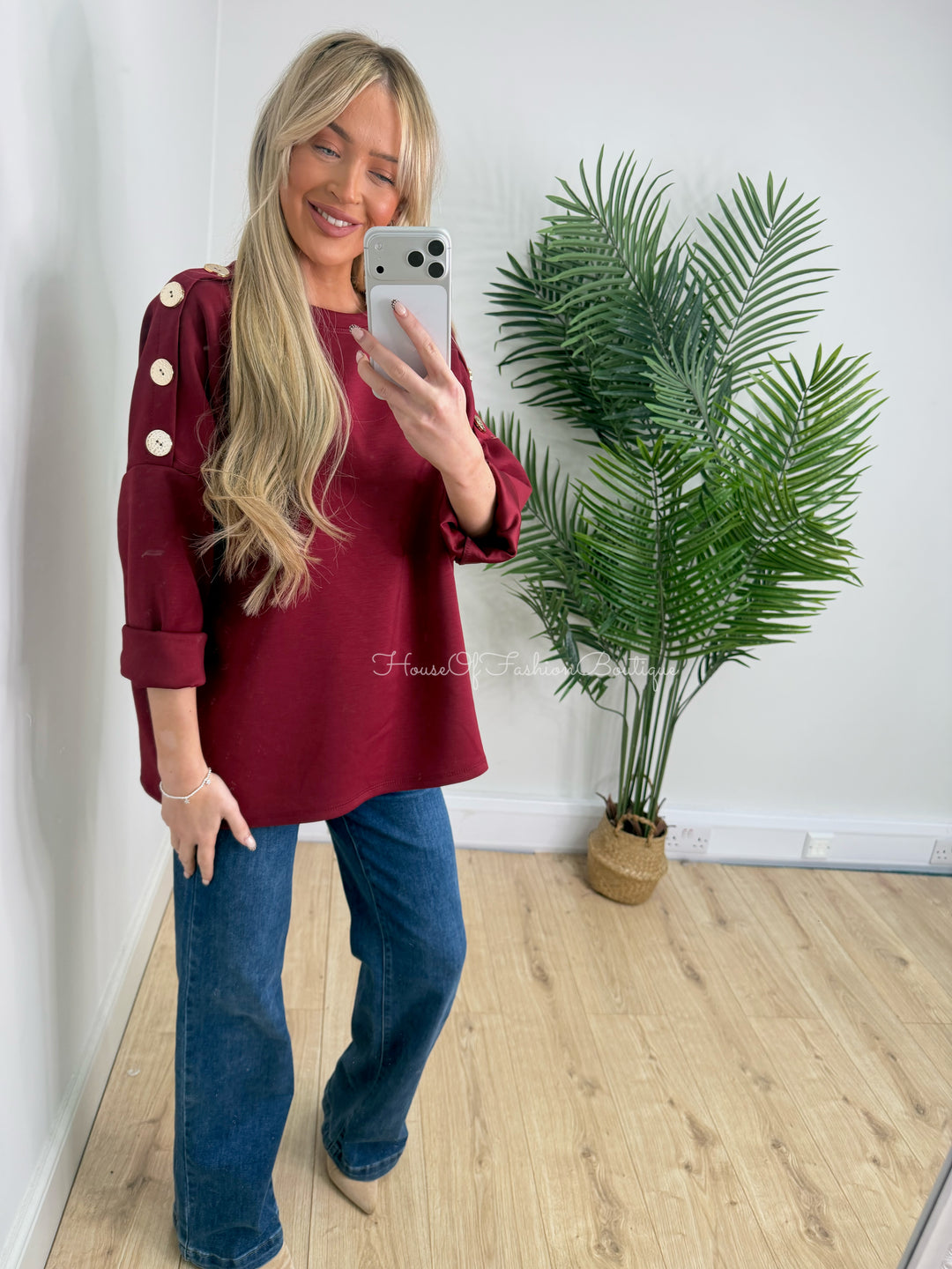 Gold Button Sweatshirt - Wine