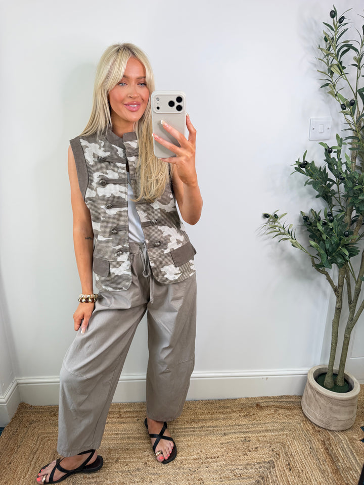 Caroline Camo Denim Waistcoat - Mocha