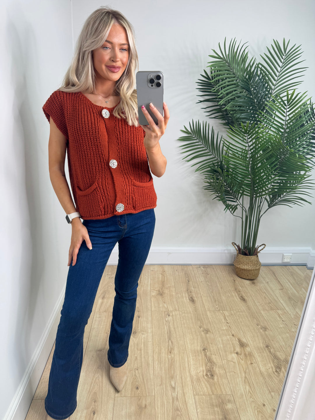 Fern Gold Button Tank - Burnt Orange