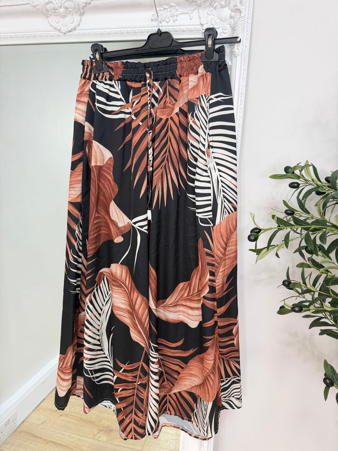 Palm Print Wide Leg Satin Trousers