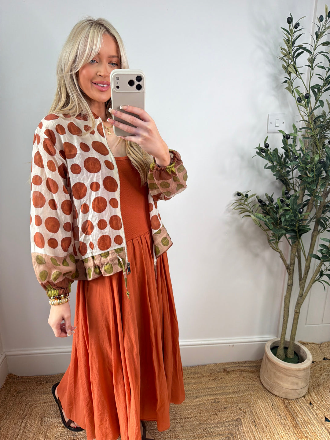 Janice Bomber Jacket - Rust Polka Dot