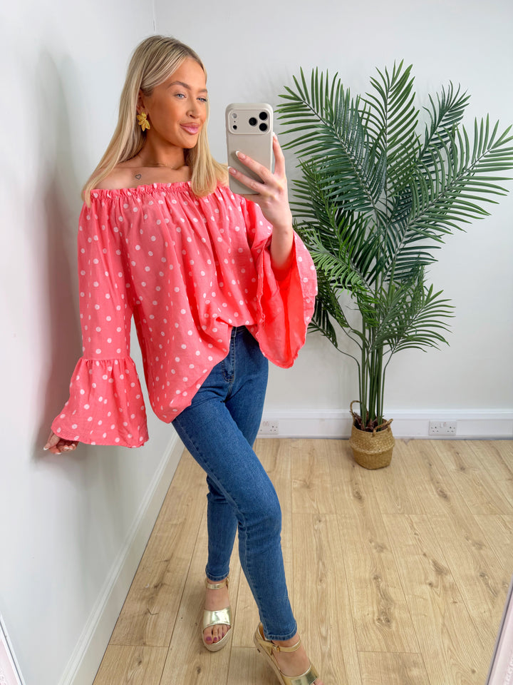 Celine Polka Dot Top - Coral