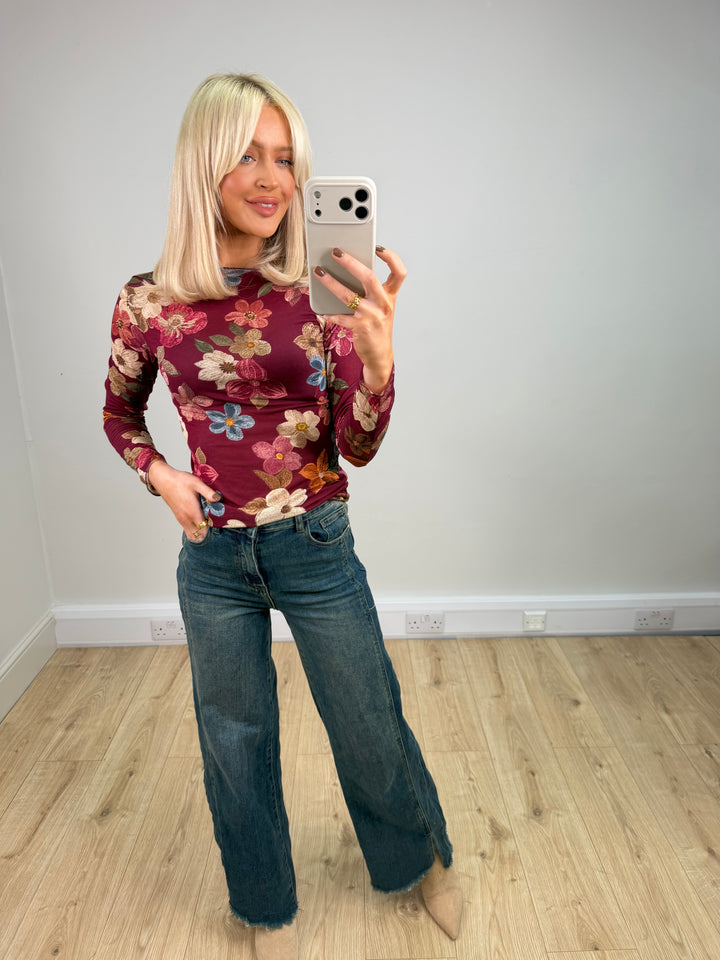 Cashmere Blend Top - Wine Floral