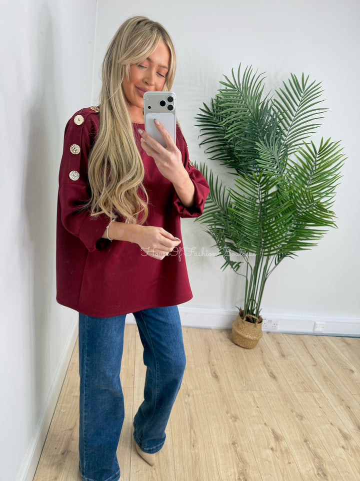 Gold Button Sweatshirt - Wine