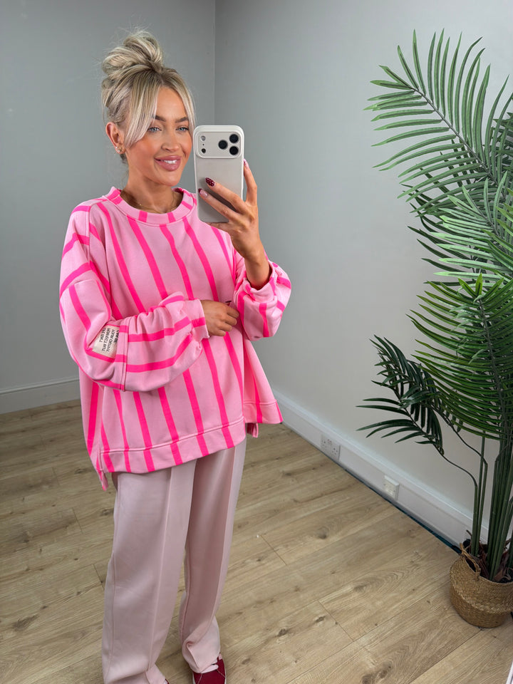 Alexa Slogan Stripey Sweatshirt - Baby Pink & Hot Pink