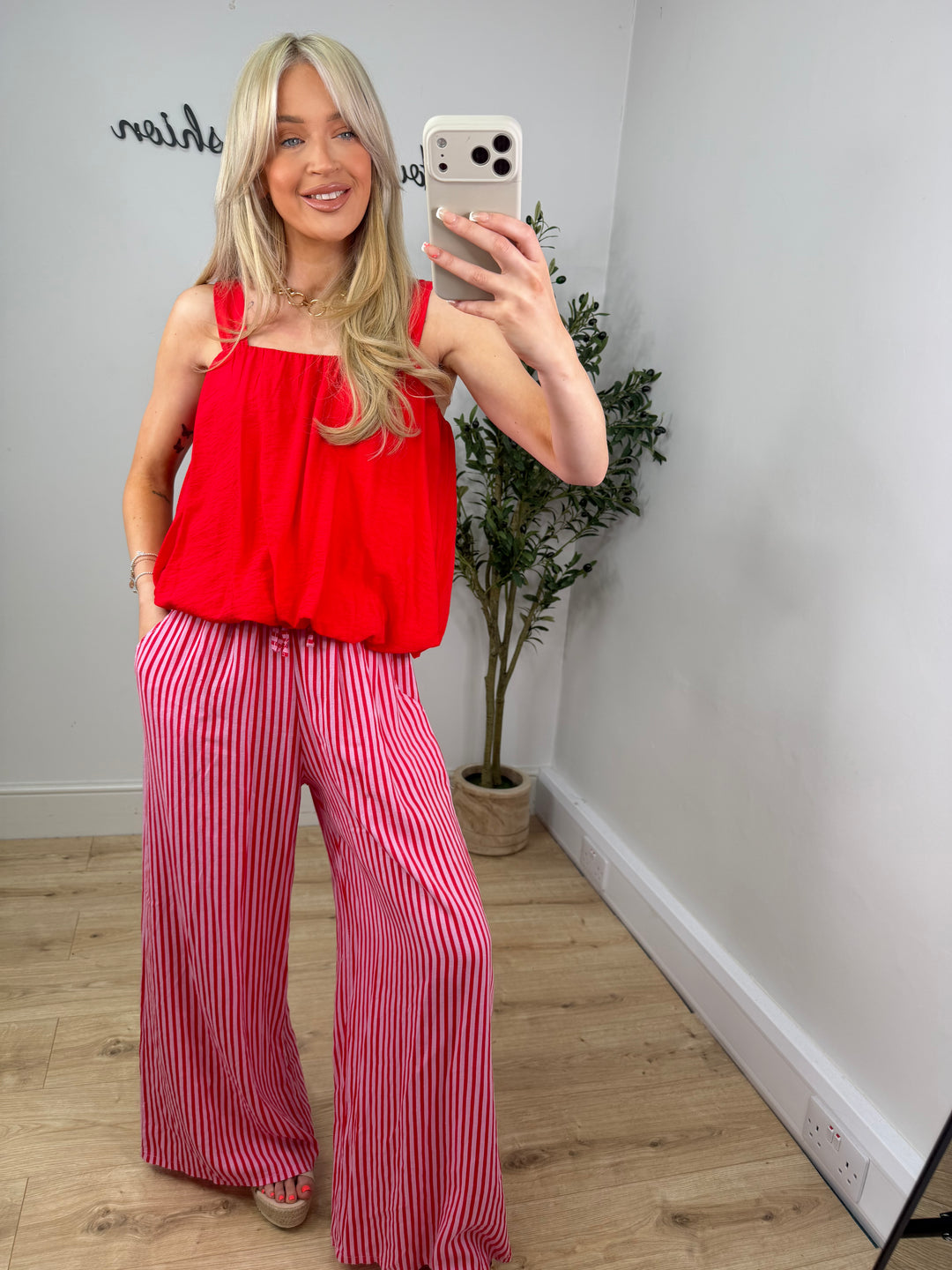 Nova Linen Pinstripe Trousers - Pink & Red