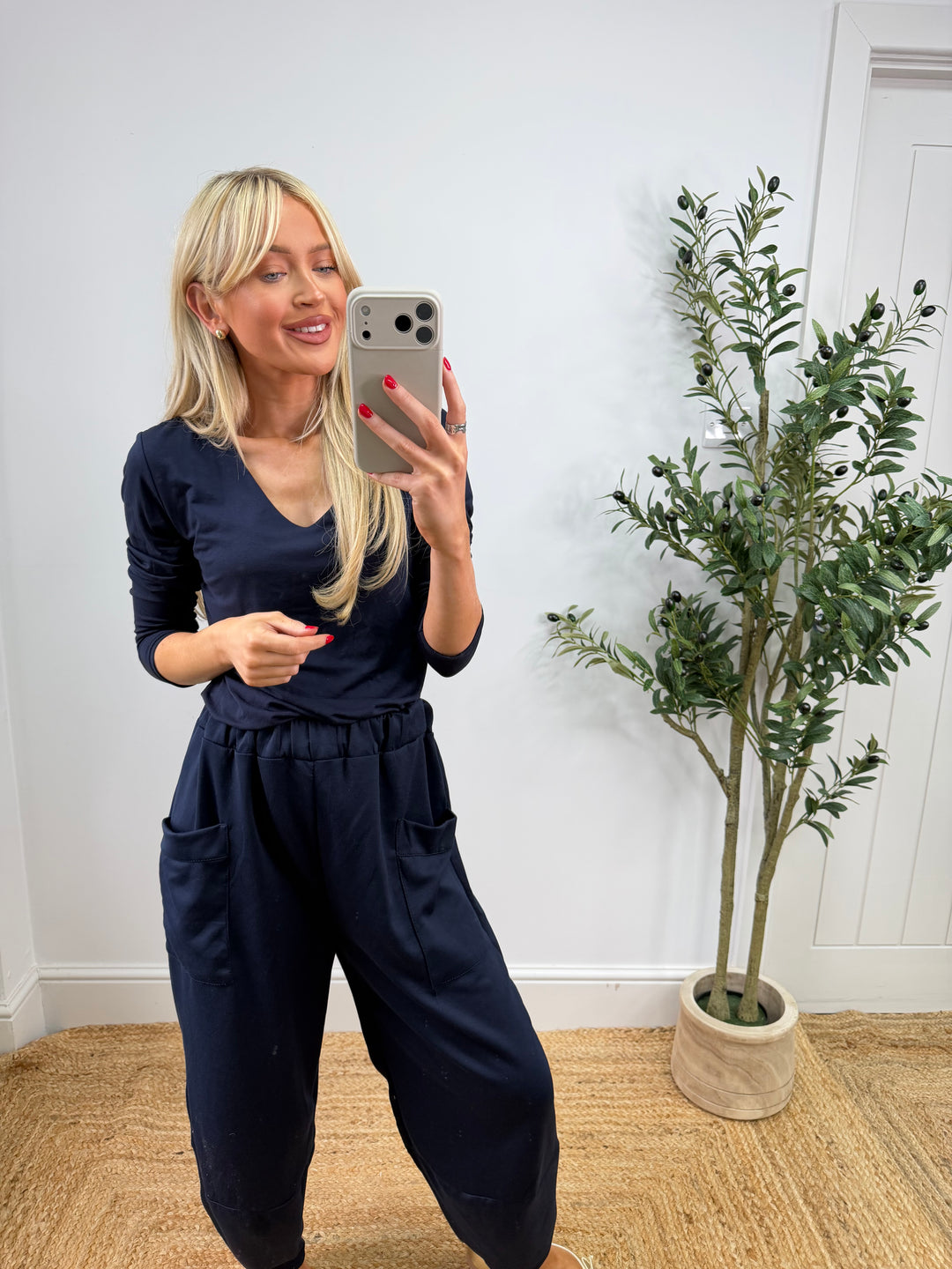 V Neck Double Layer Top  - Navy