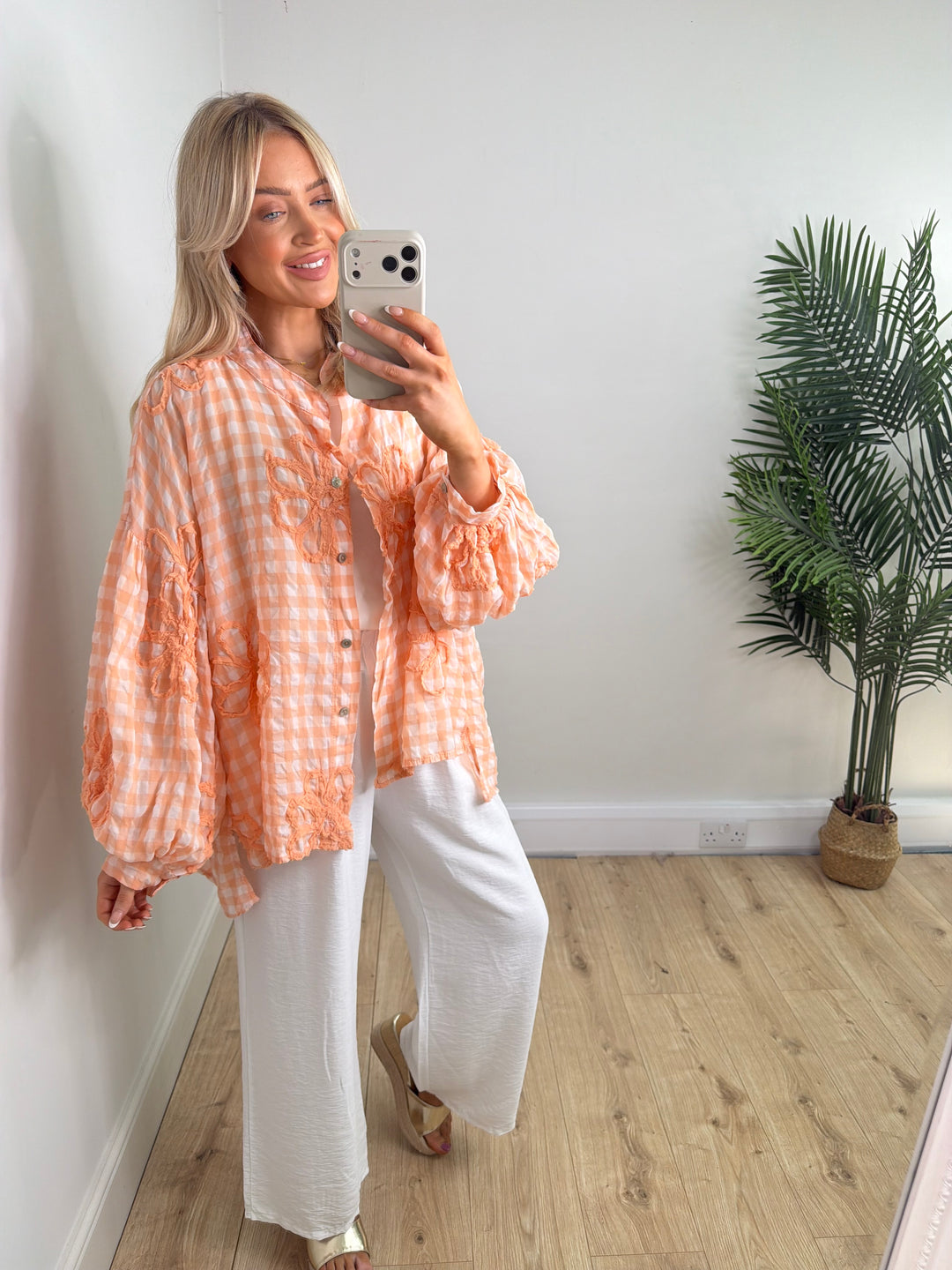 Gingham Flower Shirt - Peach