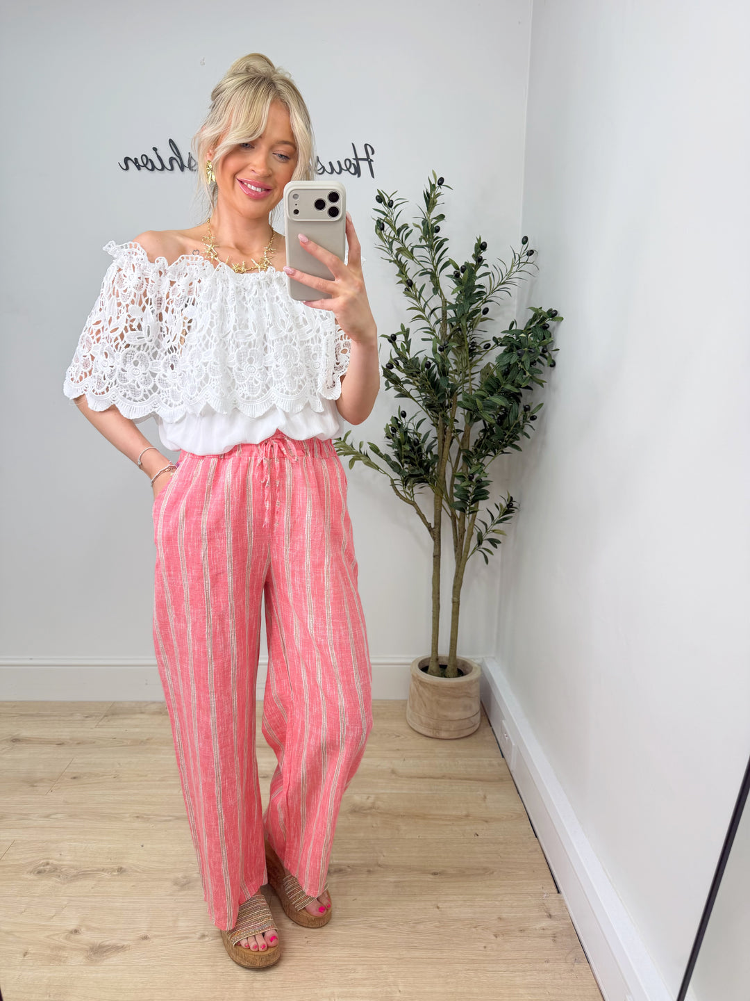 Pinstripe Trousers - Coral Pink