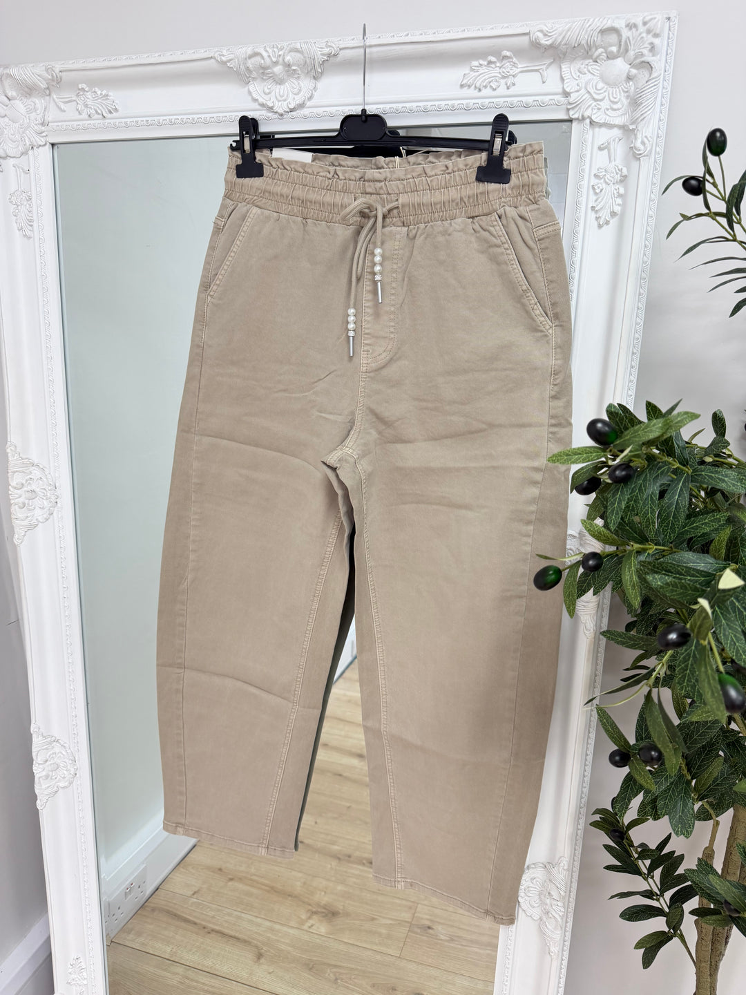 Beige Barrel Jeans Elasticated Waist