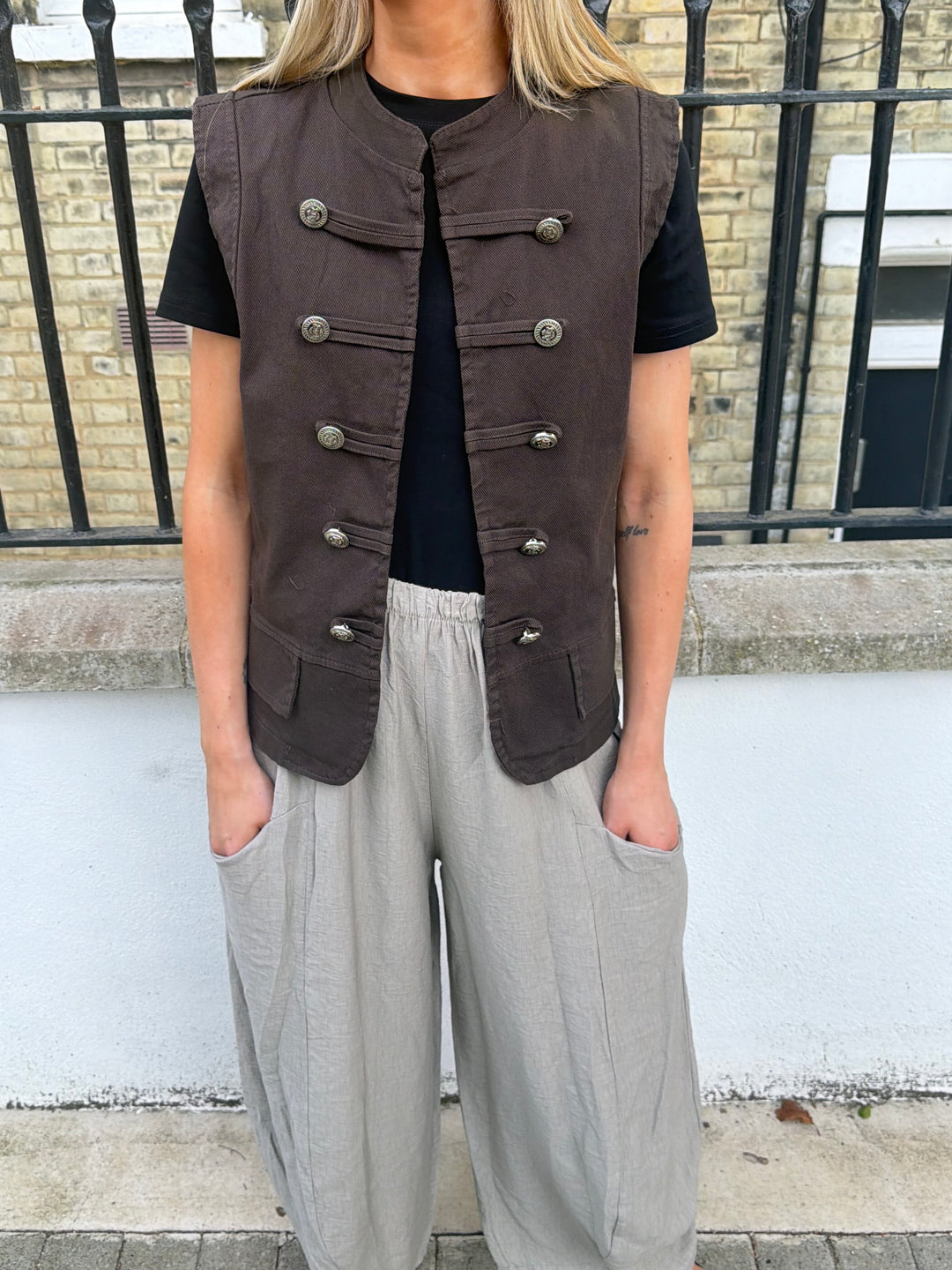 Celine Military Denim Waistcoat - Chocolate