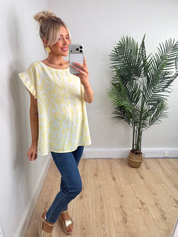 Leopard Frill Sleeve Top - Lemon