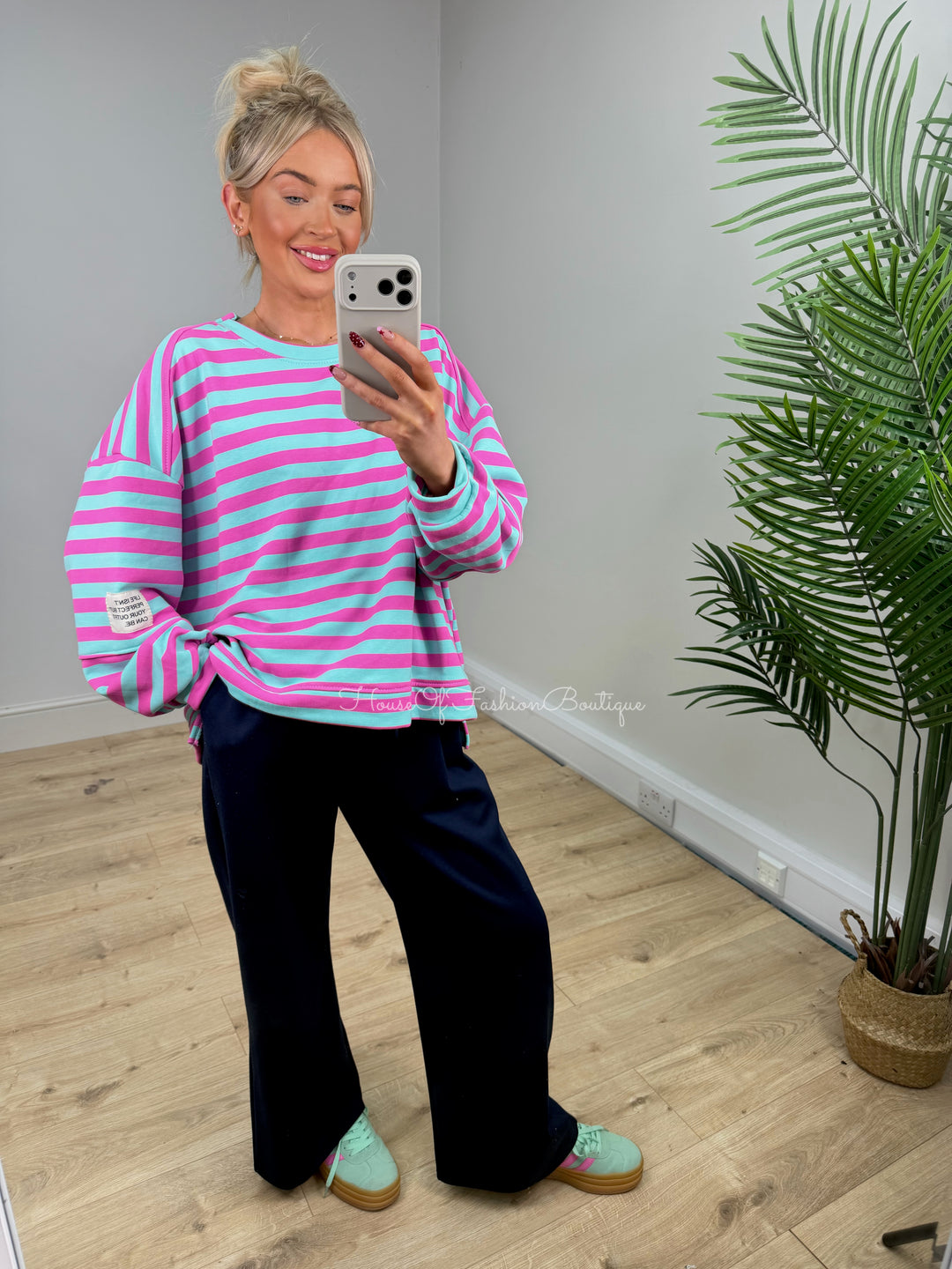 Alexa Slogan Stripey Sweatshirt - Mint & Fuchsia PREORDER