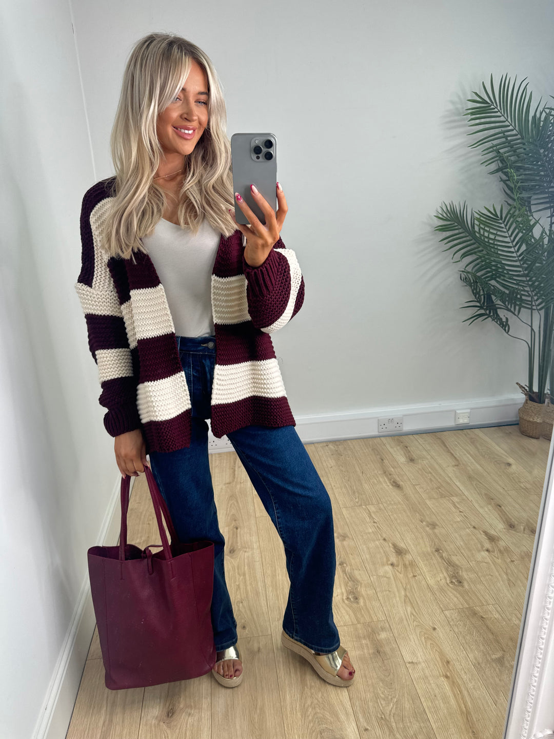 Chunky Stripe Cardigan - Burgundy