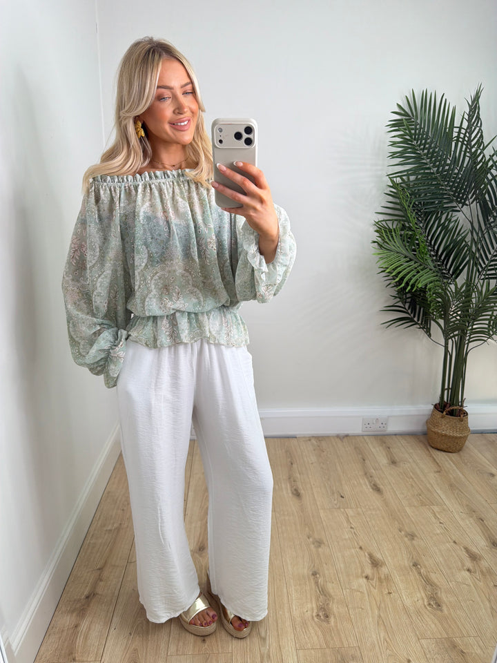 Paisley Bardot Top - Green