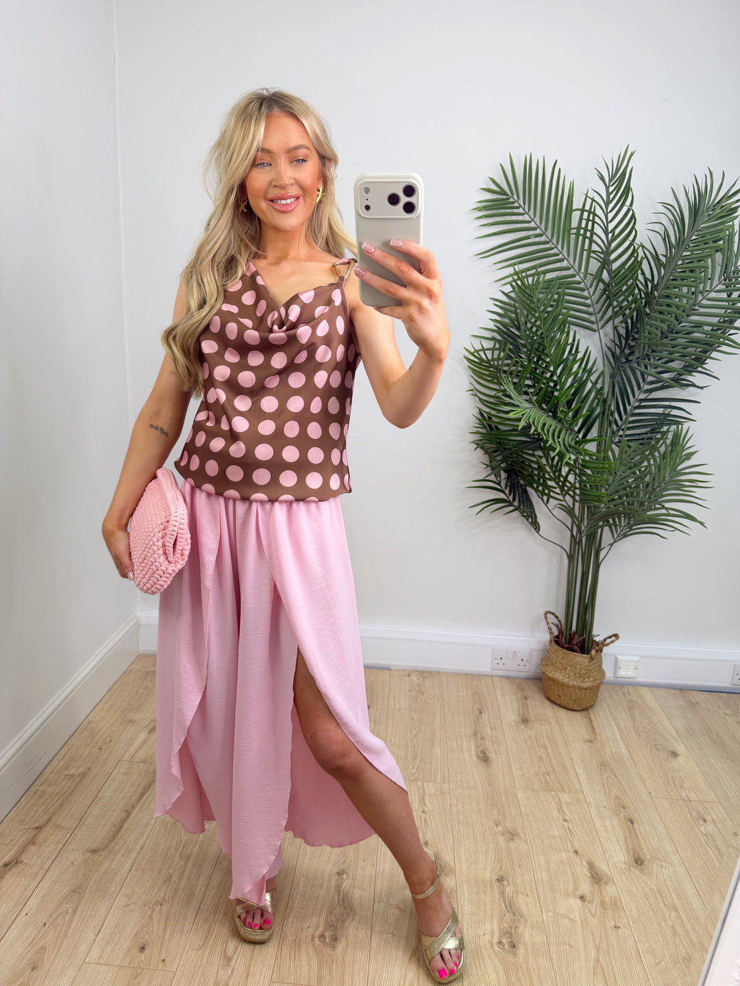 Myla Cowl Neck Top - Chocolate & Pink