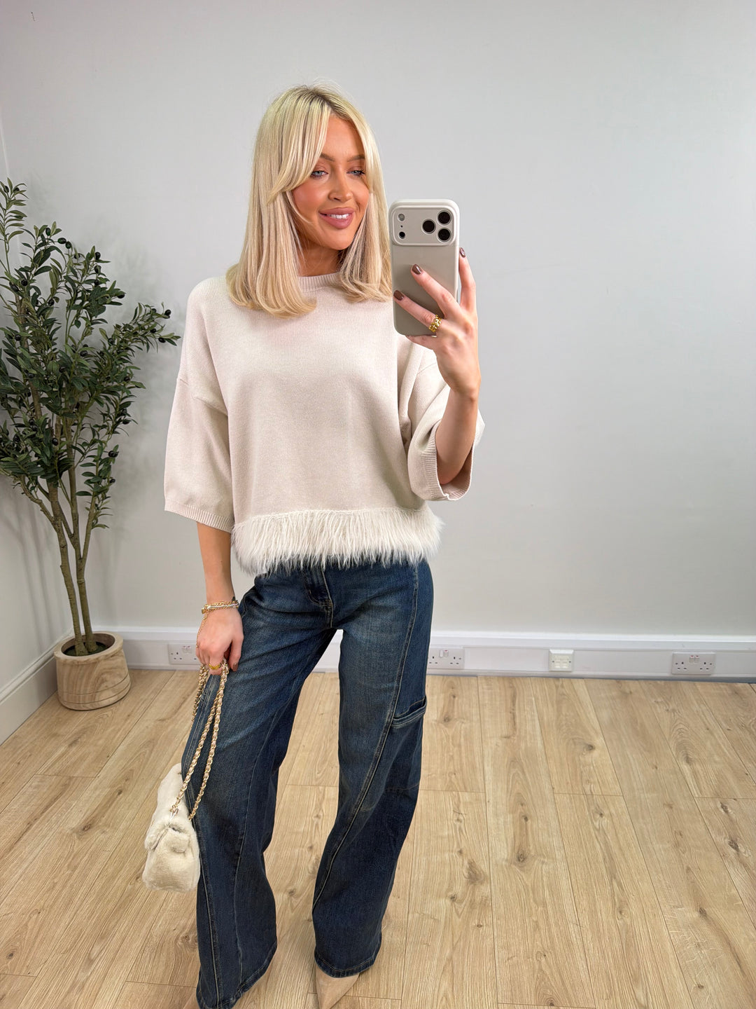 Mia Fur Trim Knit - Cream