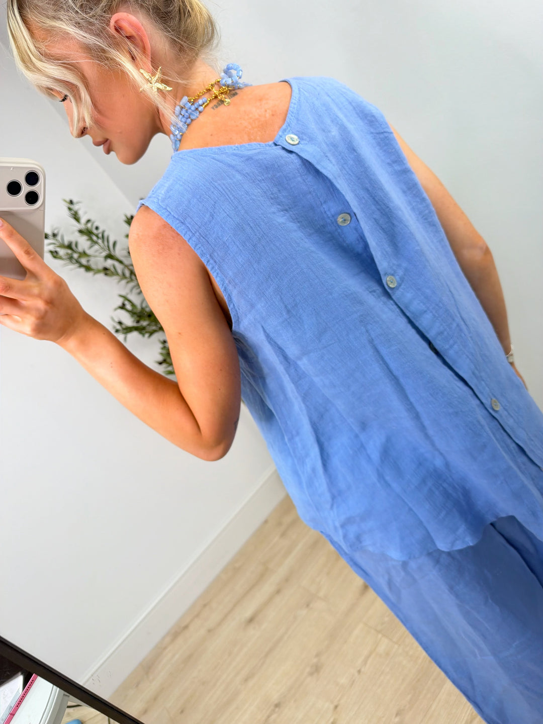 Bambi Linen Button Top -  Cornflower