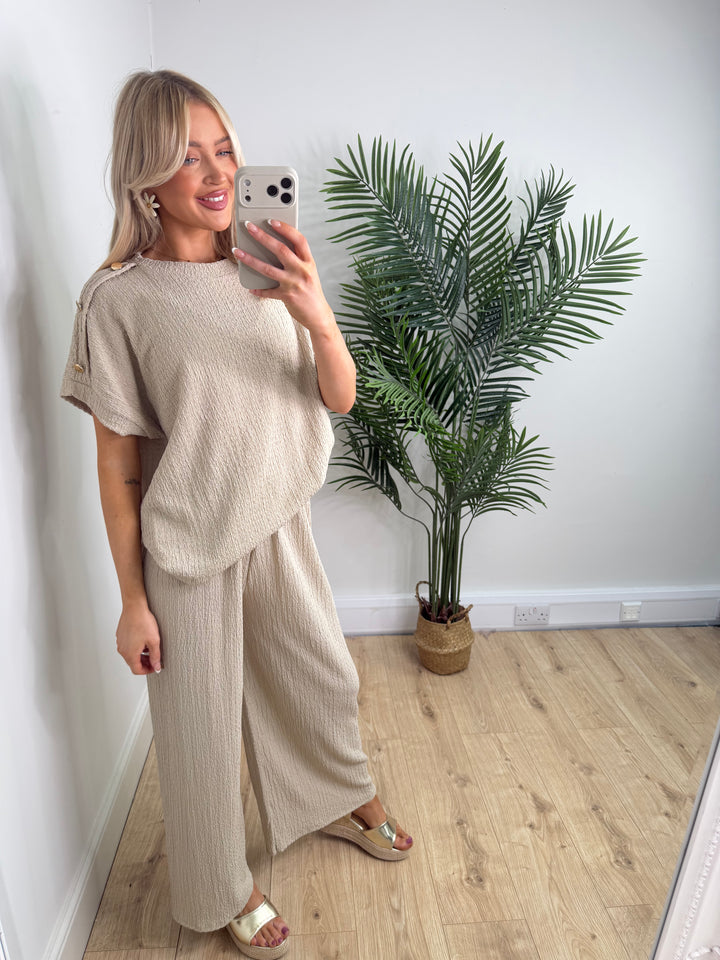 Crinkle Gold Button Two Piece - Beige