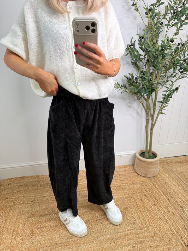 Velour Pocket Barrel Joggers - Black
