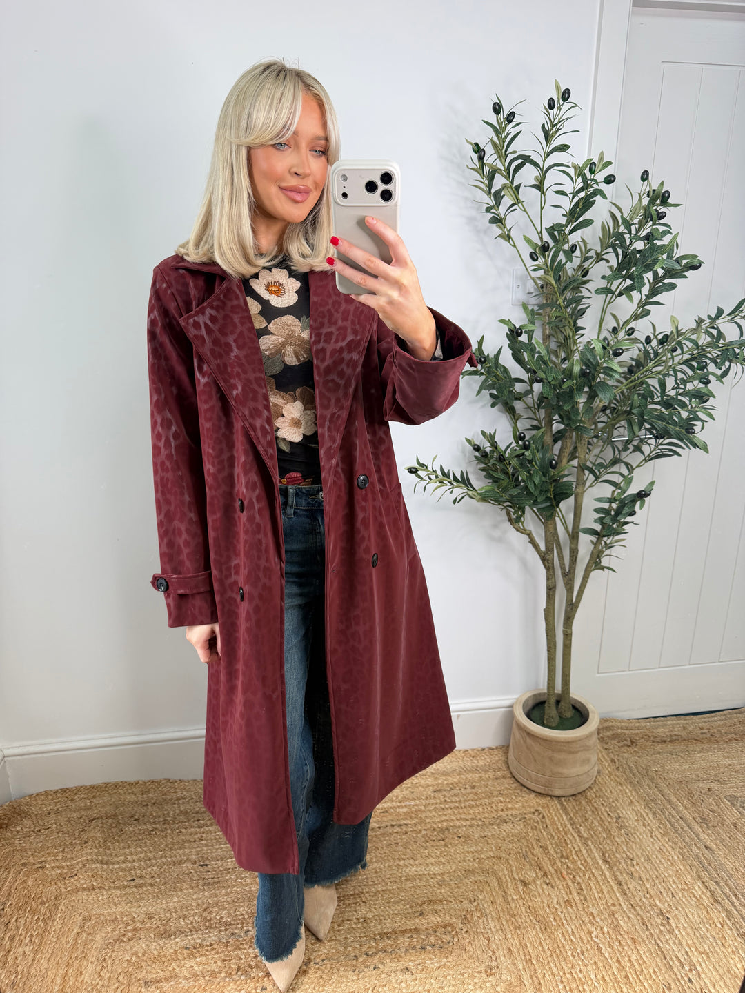 Marsha Leopard Matte Coated Trench - Wine