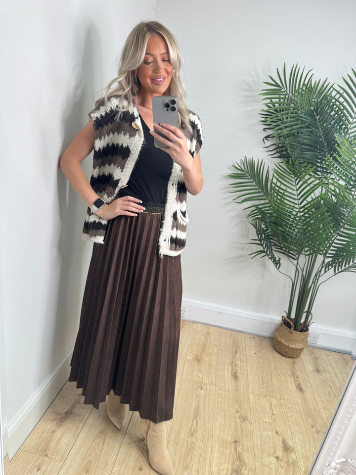 Eden Pleated Suede Skirt - Chocolate